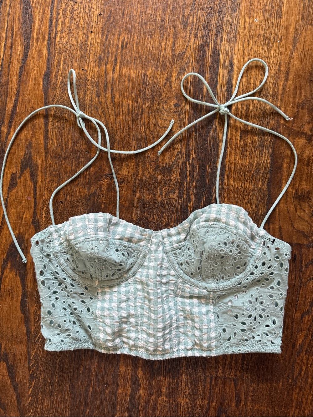 Urban Outfitters Light Sage Eyelet Gingham Bustier Crop Top